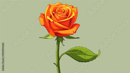 A beautiful illustration of a single vibrant orange rose with a green stem and leaf against a plain light green background.
