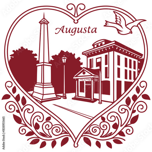 Augusta Obelisk and Civic Buildings – Heart-Shaped Historic Landmark Poster