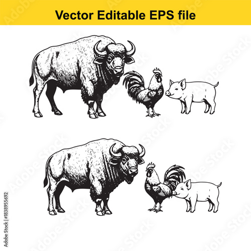  vector editable eps file buffalo, rooster, and pig illustrations