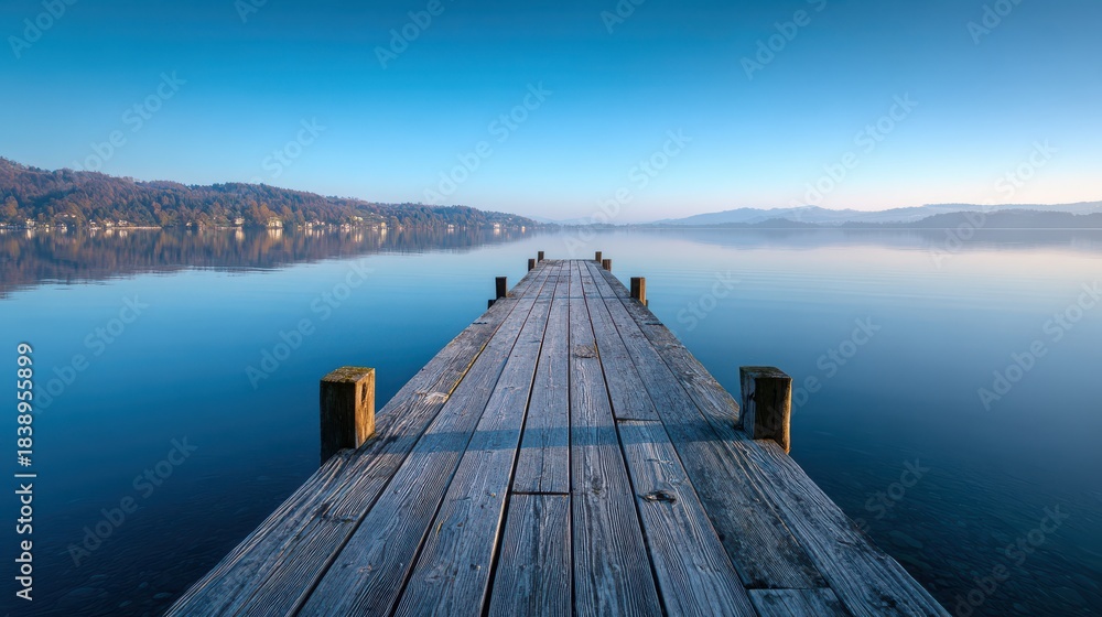 Obraz premium Wooden pier stretching into calm, clear lake with reflective surface and distant forested mountains