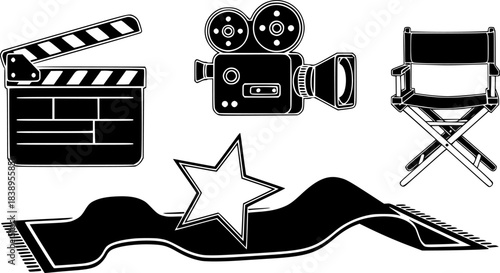 Movie cinema film production icons set with clapperboard camera director chair star and red carpet vector illustration	
