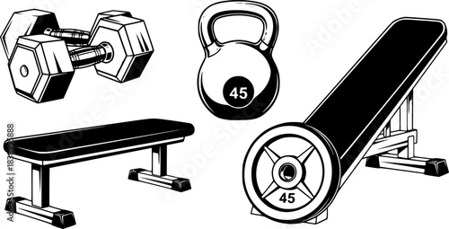 Fitness equipment vector set with dumbbells kettlebell bench and weight plate for gym workout training	
