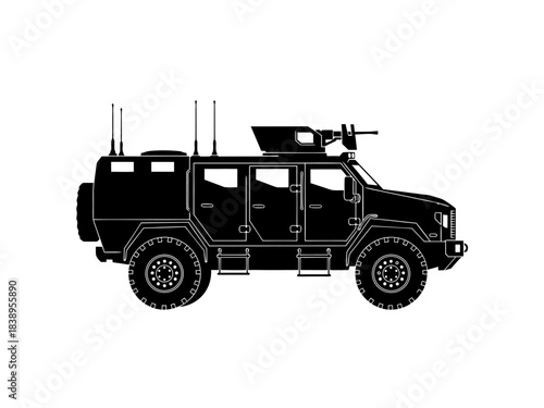 Black silhouette of a modern military armored tactical vehicle with a weapon station and antennas.