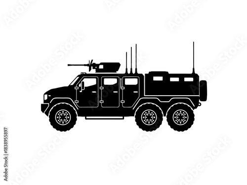 Silhouette of a modern 6x6 military tactical vehicle with a mounted weapon and multiple antennas, depicted in black on a white background.