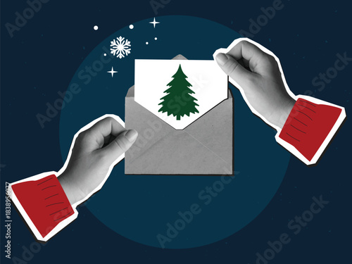 Black and white hands holding opened envelope with a Christmas letter. Festive message. Modern collage style. Vector illustration