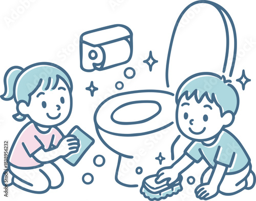 トイレ掃除をしている子供達のイラスト