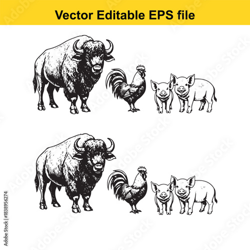  vector editable eps file buffalo, rooster, and piglets on white background