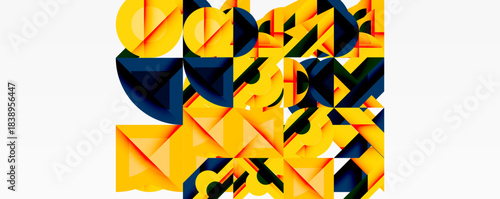 Abstract geometric composition. Yellow, navy shapes intersect, creating dynamic visual texture. Modern design, bold contrasts present.