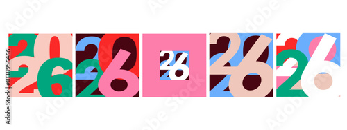 Set of 2026 Happy New Year logo text design. 2026 number design template. Collection of 2026 Happy New Year card, cover, poster. Vector illustration with labels isolated on colorful background.