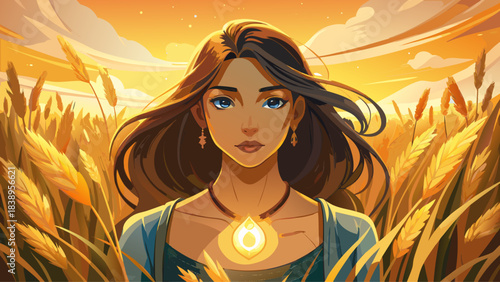 Very beautiful warm-toned portrait of a woman standing among tall wheat grasses during golden hour, wearing a glowing amber pendant, surrounded by soft sunlight and natural textures that create a sere