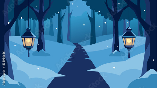 Winter forest path with hanging lanterns