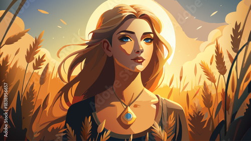 Very beautiful warm-toned portrait of a woman standing among tall wheat grasses during golden hour, wearing a glowing amber pendant, surrounded by soft sunlight and natural textures that create a sere