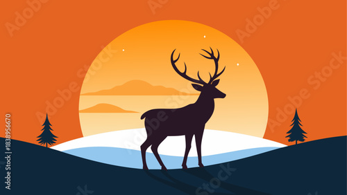 Silhouette of deer in winter landscape