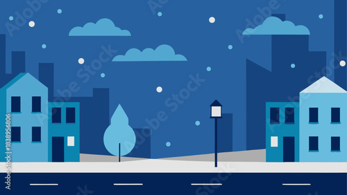 Illustration of a snowy city at nighttime