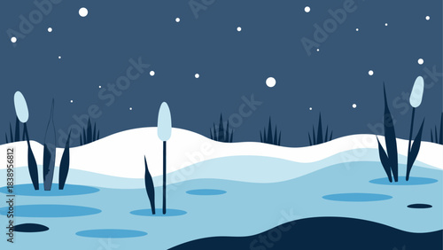 Winter scene with snow and cattails at night
