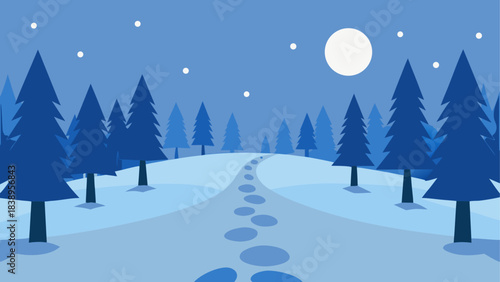 Winter landscape with trees and snow path