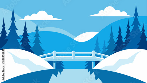Winter landscape with bridge and snow hills