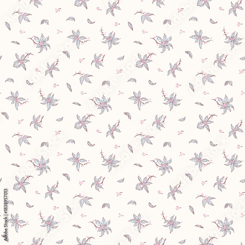 Flower pattern, floral seamless pattern, cottagecore ditsy tile print, gentle vintage flower on light background. Small blue meadow flower design for fashion, texture, fabric, wallpaper, packaging