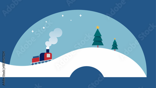 Winter train scene with christmas trees