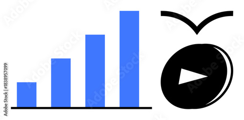 Business growth, multimedia, analytics, data visualization, digital progress, content creation. Blue rising bar graph next to play button symbol. Business growth and multimedia visually