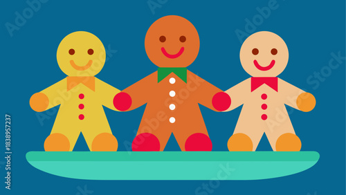 Three gingerbread men holding hands flat