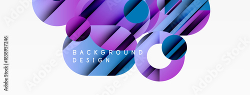 Abstract shapes, purple, blue hues create dynamic background. Modern design elements overlap, forming interesting visual texture.