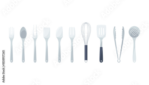 Simple kitchen tools, Clean utensils arranged neatly, Organized collection of kitchen utensils displayed, Minimalist kitchen utensils with soft shadow effects for display