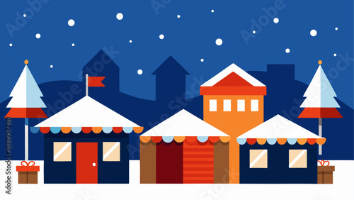 Winter village market with snowy rooftops