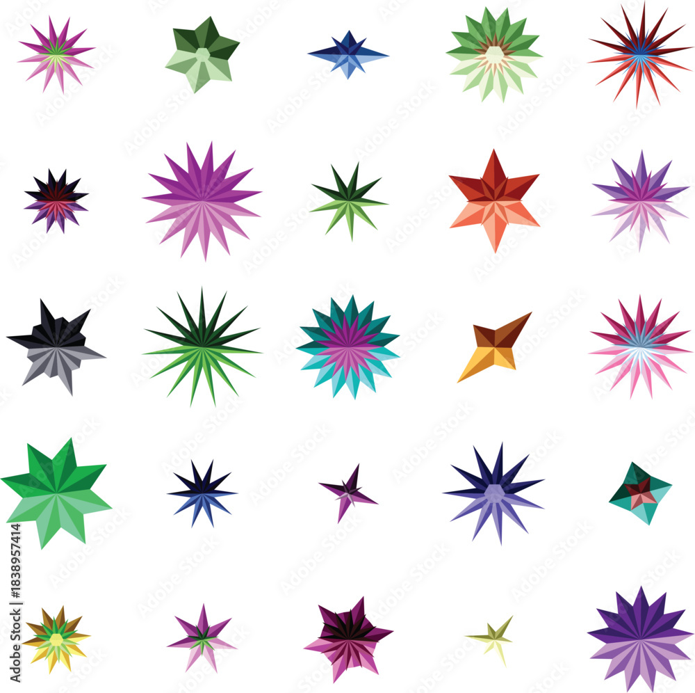 Obraz premium Collection of Geometric Starburst Shapes in Various Colors and Designs star shape abstract