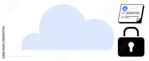 Cloud with secure padlock and document with checklist. Ideal for security, data storage, privacy, digital management, online protection, cloud technology, simple flat metaphor