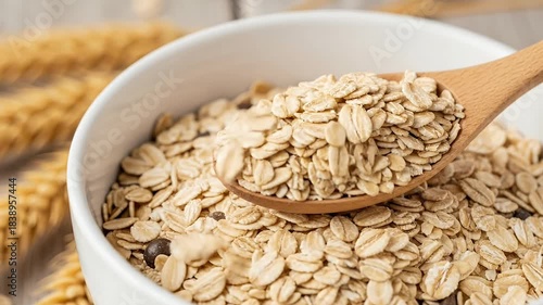 A close-up, high-angle shot features a wooden spoon gently scooping wholesome rolled oats from a pristine white bowl. The detailed texture of the oats fills the frame, suggesting a healthy and natural