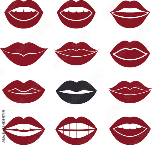 Collection of stylized red and dark grey lips with white teeth and outlines mouth red lips