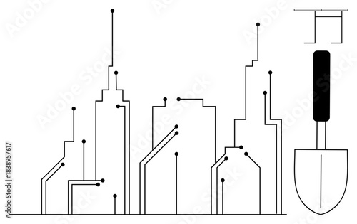 Smart cities, urban planning, technology, digital infrastructure, innovation, futuristic concepts. Abstract cityscape with circuit connections and a shovel. Smart cities and urban planning