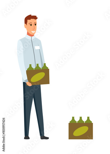 Olive oil delivery man flat vector illustration. Male courier in uniform carrying box with extra virgin oil bottles cartoon character. Deliveryman holding organic extracted bottled