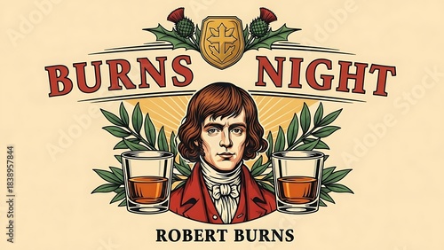 Vintage portrait of robert burns with traditional scottish elements for burns night celebrations