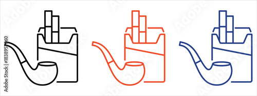 Tobacco Pipe and Cigarette Pack. Simple vector illustration in black, red, and blue outlines, representing Smoking, Tobacco Products, Habit, Luxury, and Retro Style. Ideal for warning labels.