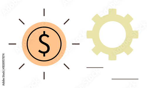 Dollar symbol in a glowing coin paired with a gear element signifying economic growth, productivity, problem-solving, and teamwork. Ideal for business, innovation, savings, revenue, efficiency
