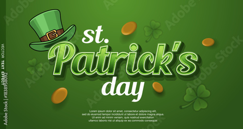 Classic green St. Patrick's Day hat vector with gold coins and shamrock. Green background