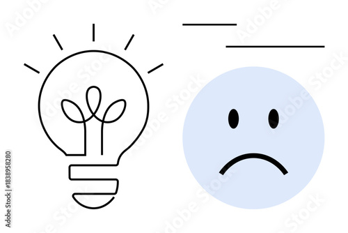 Creativity and emotional challenges. Creativity symbolized by a glowing lightbulb and emotional challenges ed by a sad face. Creativity helps overcome emotional challenges. For mental health, problem