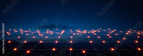 Digital landscape representing interconnected networks of artificial intelligence at night