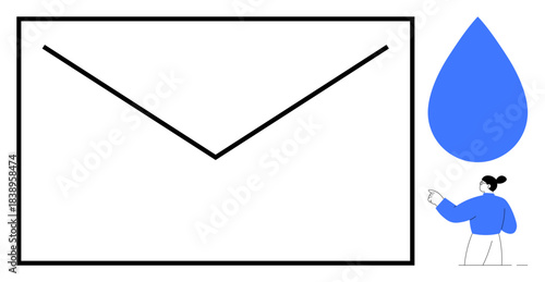 Communication, mailing services, teamwork, modern technology, creativity, digital interaction. Large envelope with abstract blue droplet and person pointing. Communication and mailing services theme