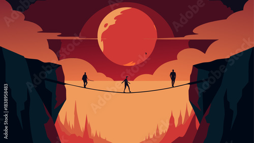 People walking on rope bridge at sunset