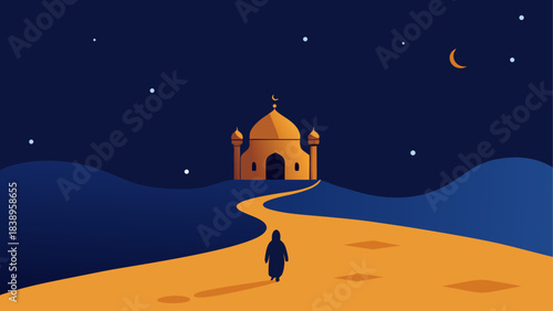 Person walking towards a mosque at night