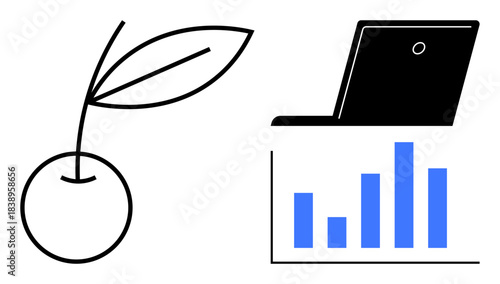 Business growth, sustainability, financial analysis, eco-friendly planning, technology, and data tracking. A cherry and leaves with a laptop and bar graph. Business growth and sustainability theme