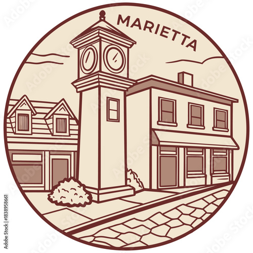 Marietta Downtown with Clock Tower – Minimal Retro Georgia Illustration