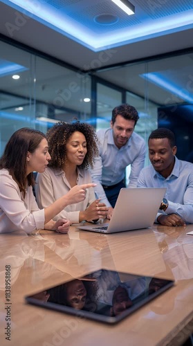 Collaborative team meeting around laptop computer
