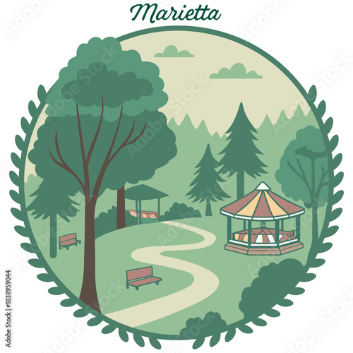 Marietta Park with Gazebo and Trees – Circular Retro Georgia Illustration