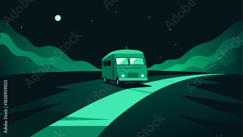 A camper van on a road at night scene