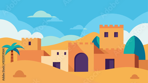 Cartoon desert town with palm tree view