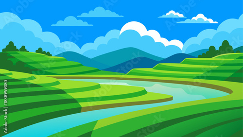 Terraced rice fields landscape with river
